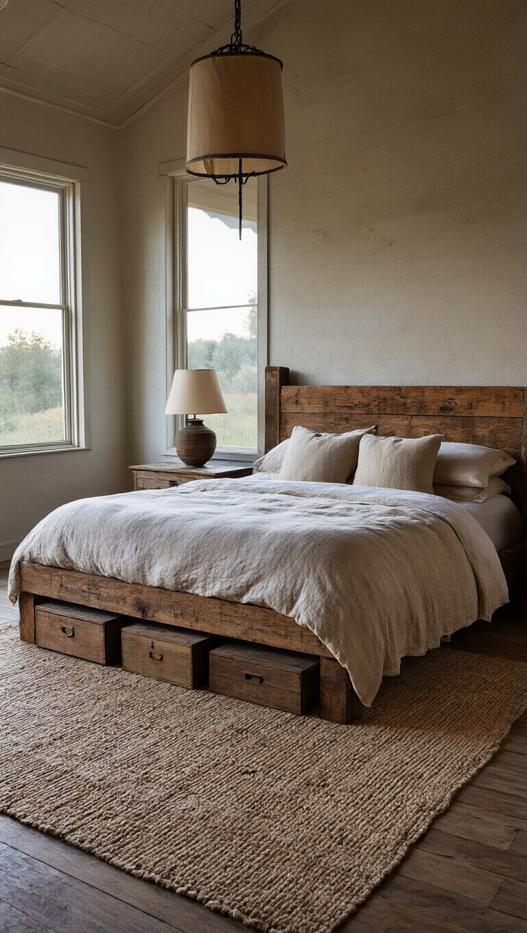 Rustic 15x17ft bedroom at dusk with reclaimed timber bed, vintage French linens, worn wooden box nightstands, faded wool rug, and wrought iron pendant, seen from above.