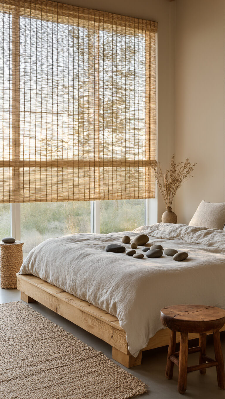 Minimalist 11x13ft bedroom at dawn with pine platform bed, bone white organic bedding, reed blinds, vintage stool, and natural decor in soft morning light.