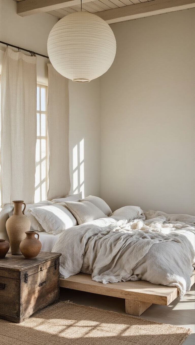 Airy 14x16ft bedroom with bleached oak platform bed, layered linen bedding, ceramic vessels on antique chest, raw silk curtains billowing, and paper lantern casting soft shadows in bright natural light.