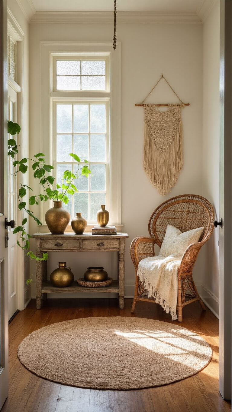 Sunlit bohemian entryway with rattan peacock chair, Moroccan blanket, distressed console table, brass decor, ceramic vases, trailing plants, jute rug layered with Turkish runner, macrame wall hanging, and hardwood floors.
