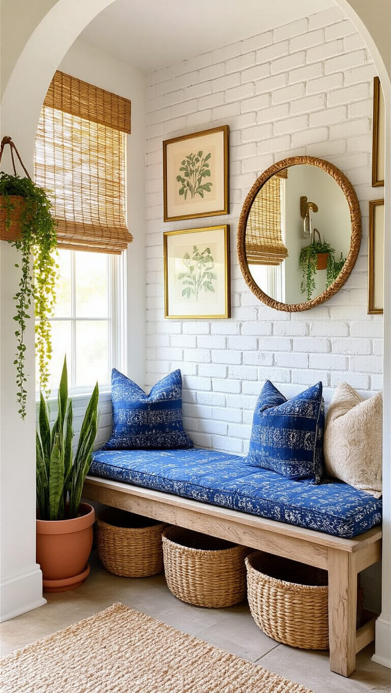 Cozy corner entryway with white brick walls, archway, wooden bench with indigo cushions, vintage botanical gallery wall, seagrass baskets, terracotta pots with greenery, and circular rope mirror in warm afternoon light.