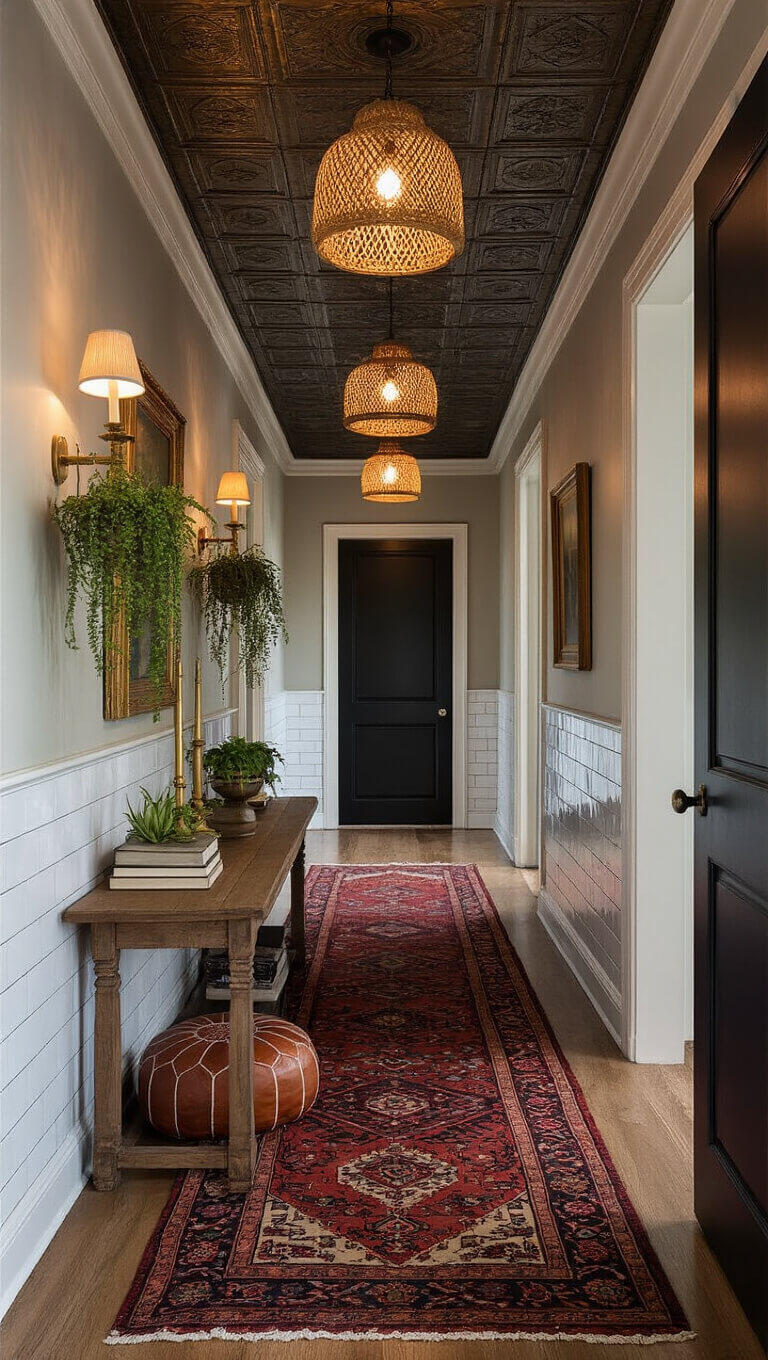Moody narrow hallway with tin ceiling, subway tile wainscoting, vintage runner, rattan pendant lights, and styled reclaimed wood console.