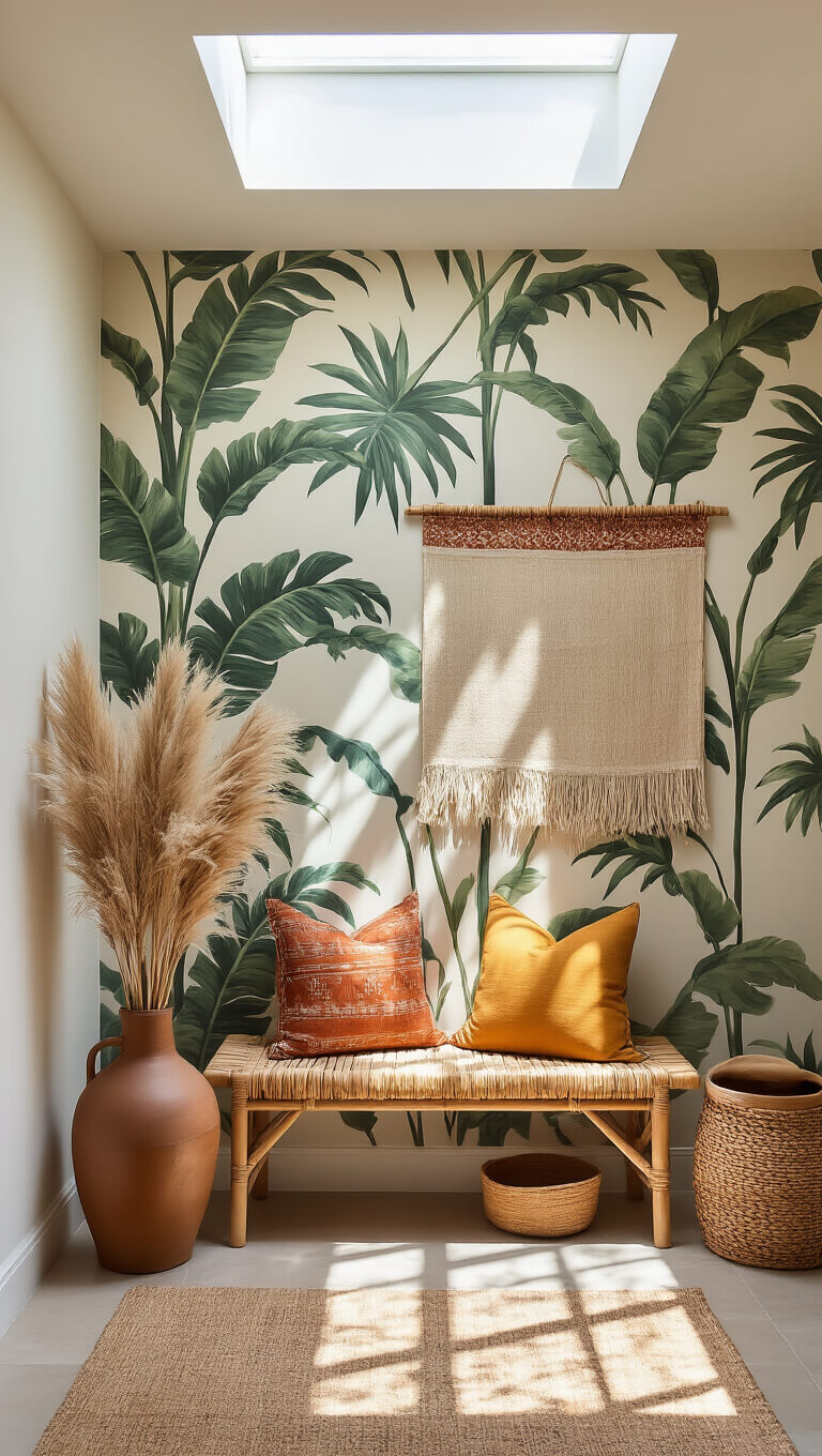 Bright modern entryway with palm leaf wallpaper, bamboo bench with kilim pillows, pampas grass in ceramic vase, earthy wall tapestry, and rattan umbrella stand in natural mid-morning light.
