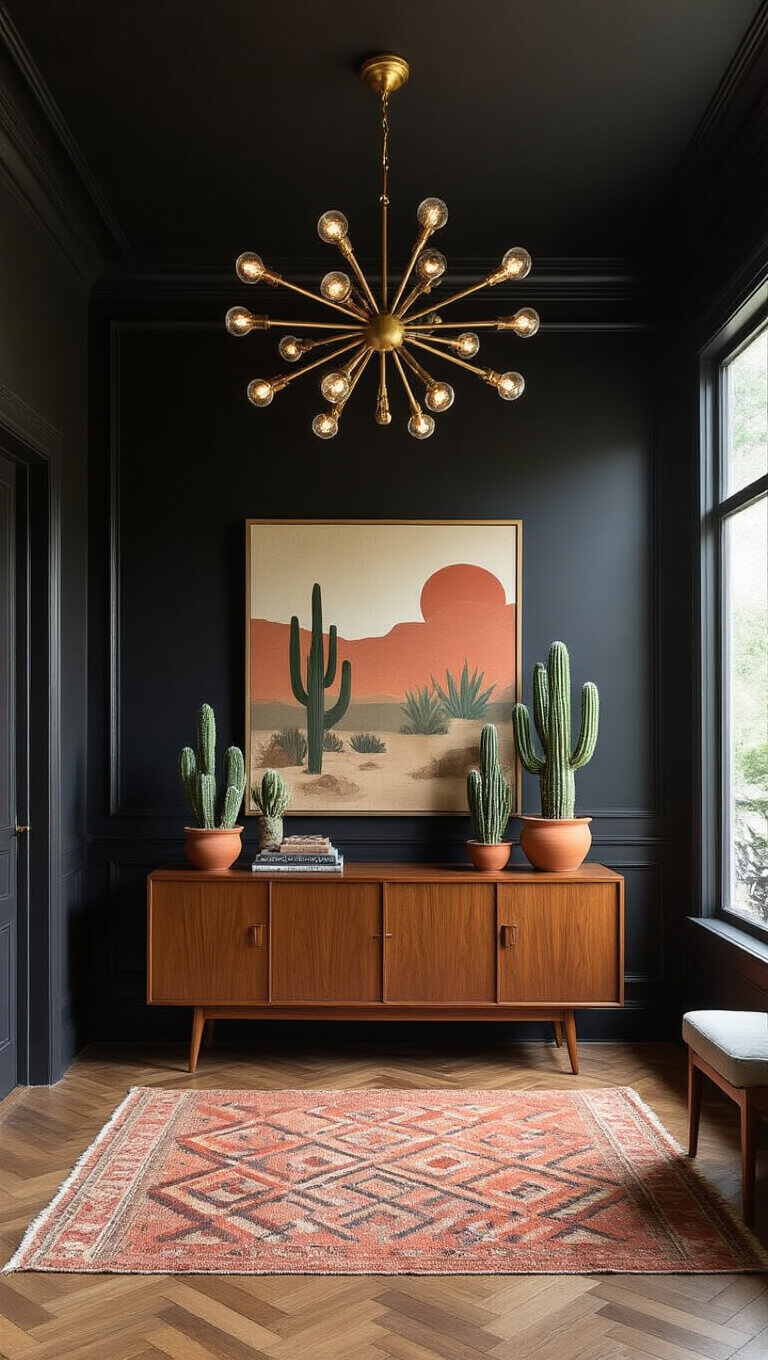 Square foyer with black walls, herringbone wood floors, brass sputnik chandelier, mid-century walnut credenza with cacti in terra cotta, abstract desert-colored art, layered vintage rugs, and Moroccan brass mirror.