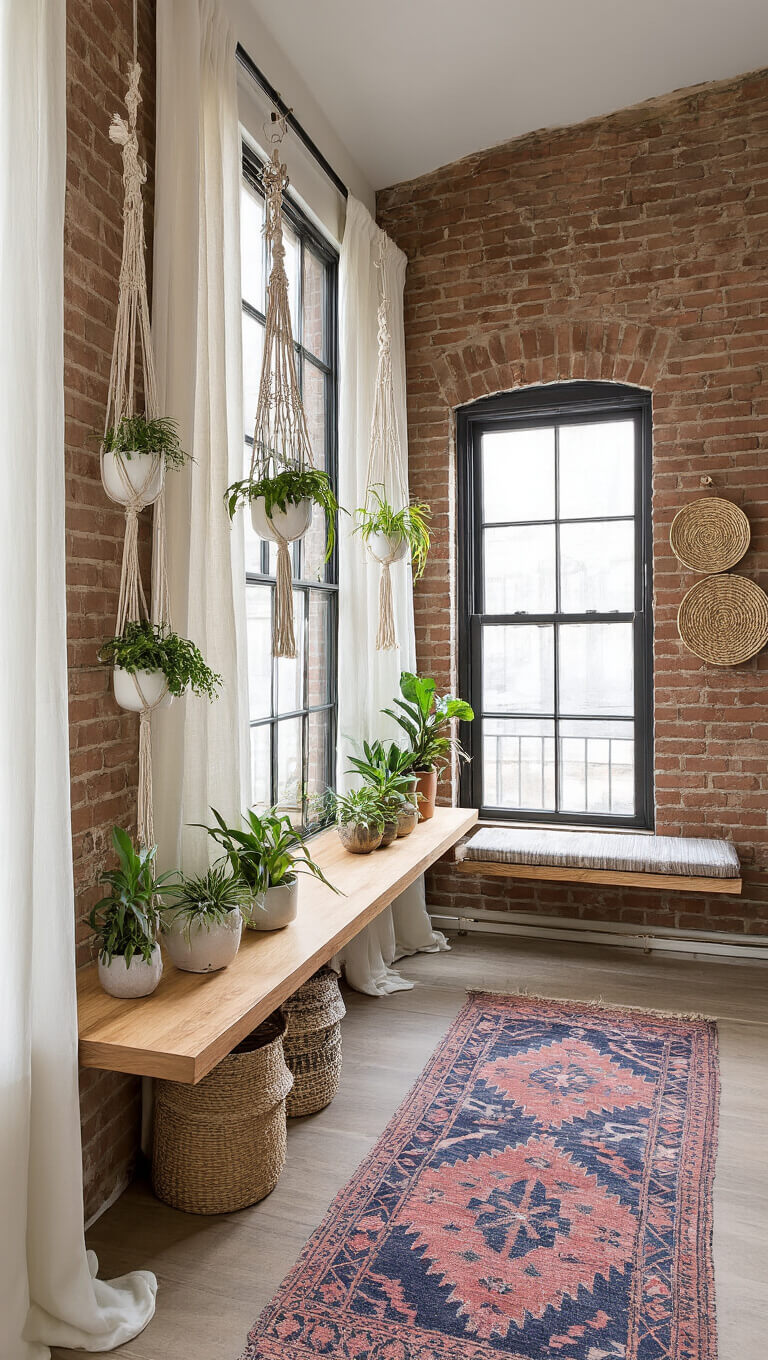 Eye-level view of a compact urban entryway with exposed brick, industrial windows, sheer linen curtains, floating wooden shelf, propagation vessels, air plants, macrame hangers, vintage kilim runner, and woven wall baskets.