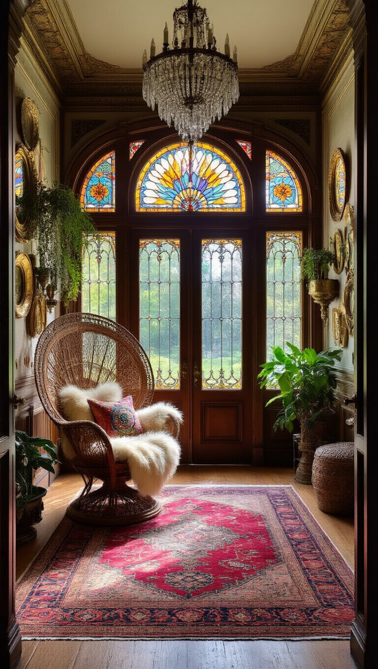 Grand Victorian entryway with stained glass window, ornate moldings, rattan peacock chair, Persian rug, brass mirrors, wall plants, and crystal chandelier, bathed in colorful late morning light.