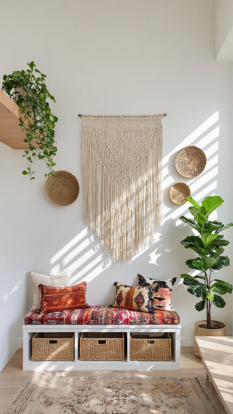 Split-level entry with floating wooden stairs, white walls, built-in bench with Moroccan cushions, macrame wall hanging, woven basket wall art, potted monstera and fiddle leaf fig, lit by afternoon sun.
