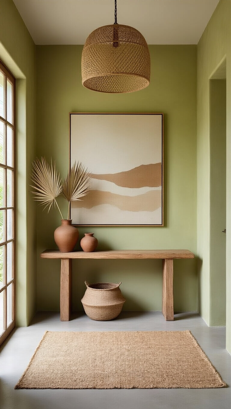 Minimalist 7x9ft entryway with lime-washed walls, concrete floors, a wooden console decorated with ceramics and dried palm fronds, abstract earth-tone painting, jute rug, and rattan pendant light in soft natural light.