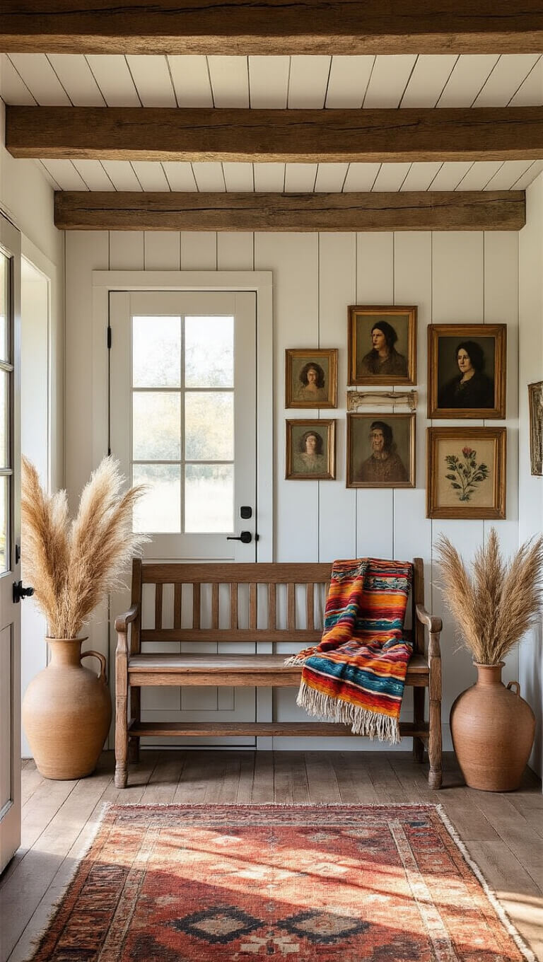 Rustic farmhouse entry with shiplap walls, reclaimed beam ceiling, Dutch door glowing with golden hour light, vintage church bench draped in colorful Mexican blanket, gallery wall of vintage portraits and botanical prints, ceramic vases with pampas grass, and warm-toned kilim runner.