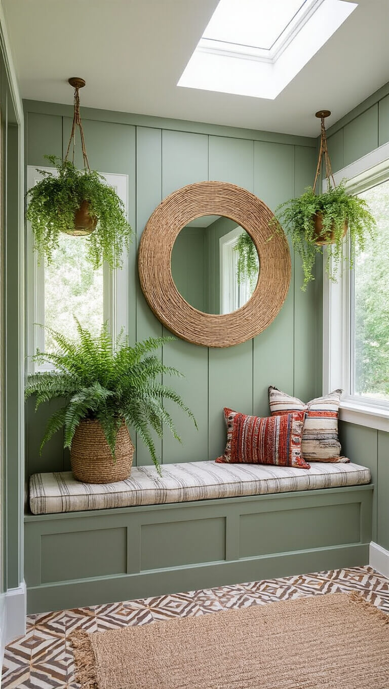 Modern sage green cottage entryway with board and batten walls, skylight lighting, round rattan mirror, slim console with brass decor, built-in window seat with boho cushions, hanging plants, and geometric earth-tone cement tile flooring.