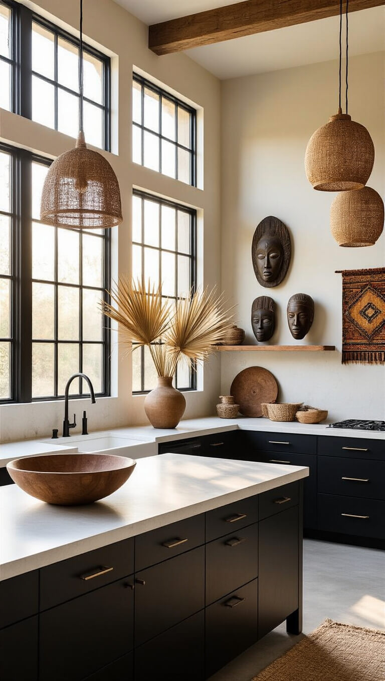 Modern 14x16ft open-concept kitchen with matte black cabinets, white concrete counters, industrial windows, and golden hour lighting highlighting a carved wooden bowl with dried palm fronds and a gallery wall of African masks and textiles.