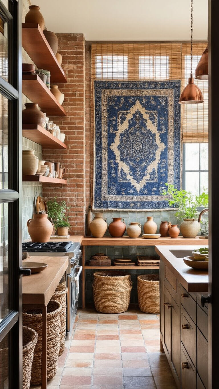 Compact 8x10ft kitchen with exposed brick wall, bamboo-filtered light, copper shelves holding pottery, indigo textile art, woven baskets under industrial island, Moroccan tile backsplash, and vertical space emphasized in wide-angle view.