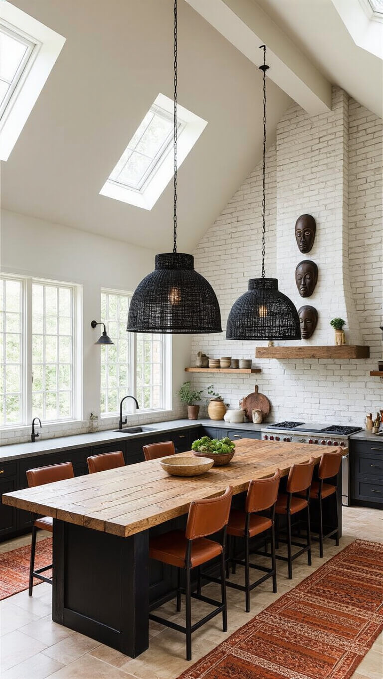 Aerial view of a spacious 15x18ft kitchen with vaulted ceiling, central island with reclaimed wood top and vintage leather barstools, black woven pendant lights, African masks on whitewashed brick wall, and handwoven rust and cream runners.