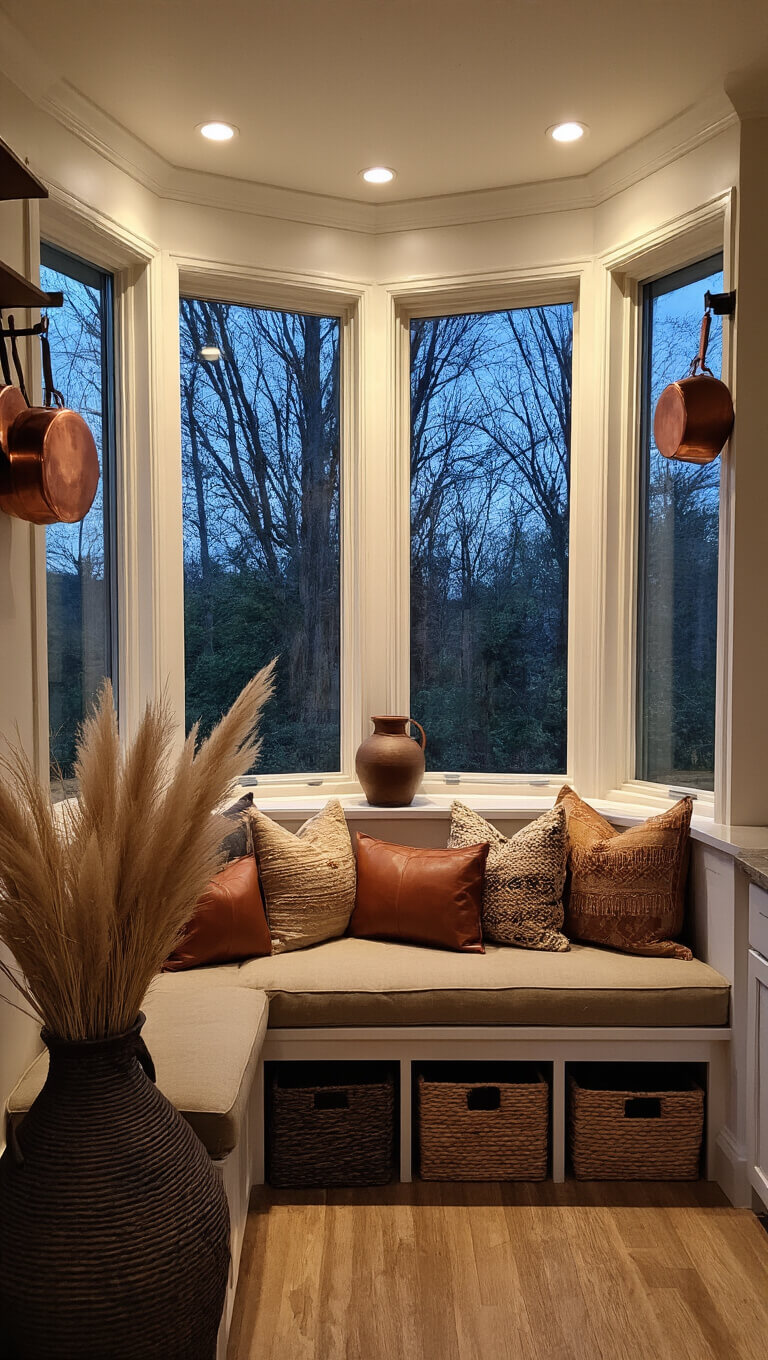 Cozy 10x14ft kitchen nook at dusk with bay window, built-in banquette in vintage mudcloth, leather and woven pillows, pampas grass in ceramic vessel, copper pots on wall, and handwoven baskets in dark tones.