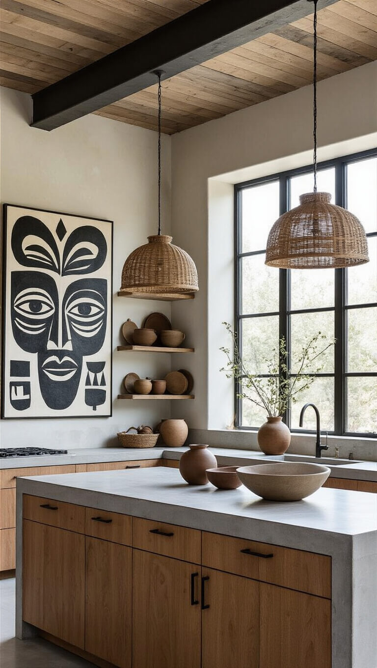 Contemporary 12x16ft kitchen with concrete counters, warm wood cabinets, tribal black-and-white wall art, earth-tone ceramic plates, woven pendant lights, and steel-framed windows.