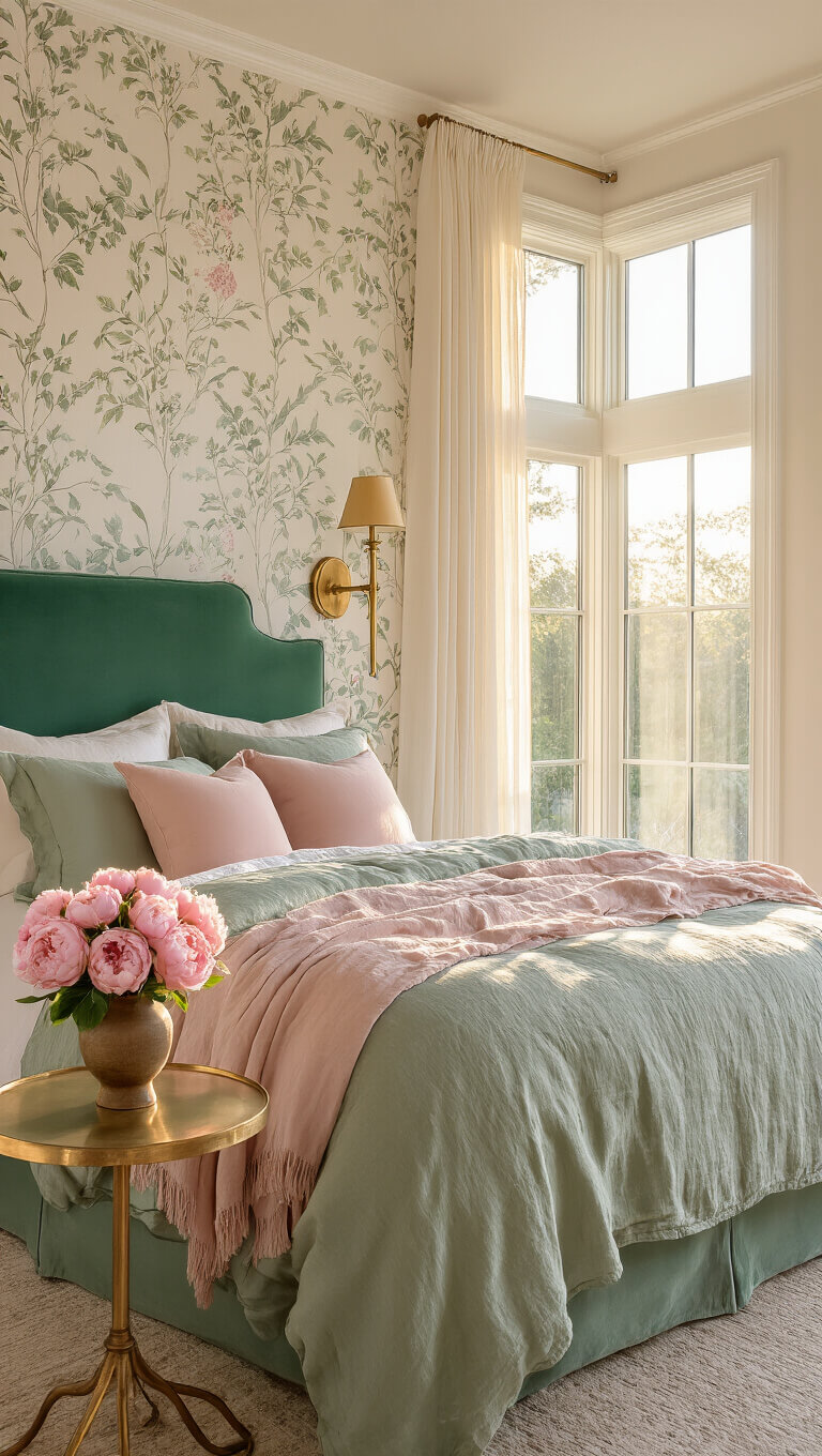 Sunlit bedroom with emerald velvet headboard, blush and sage bedding, botanical wallpaper, brass sconces, and pink peonies on a vintage side table.