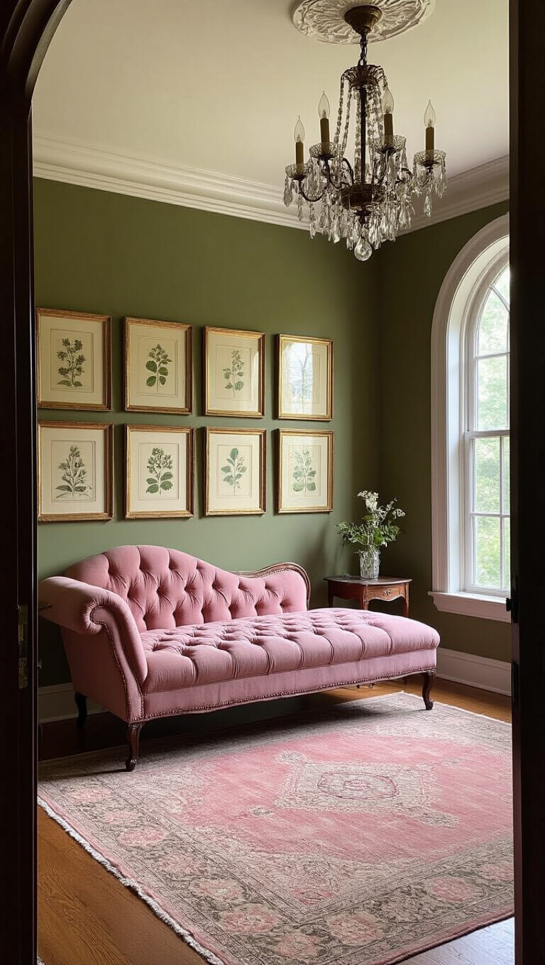 High-angle view of a vintage-style bedroom with a dusty rose tufted chaise by an arched window, olive green accent wall with gold-framed botanical prints, crystal chandelier, antique brass mirror, and a muted pink and sage Turkish rug.