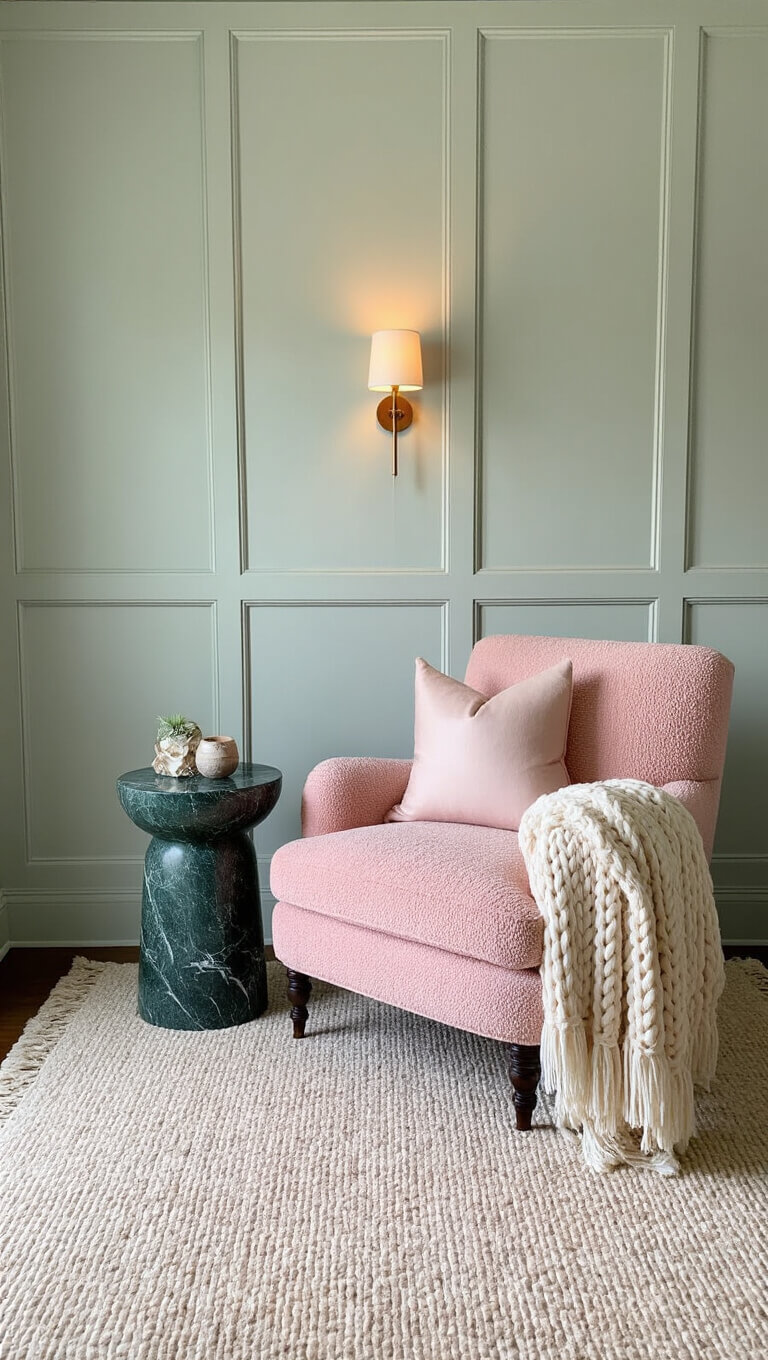 Cozy sage-paneled bedroom with blush bouclé chair, green marble side table, layered textured rugs, knit throws, silk pillows, and dim warm sconces.