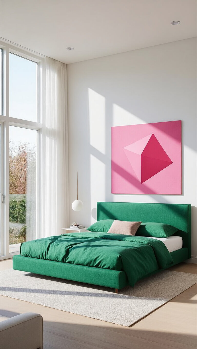 Minimalist luxe bedroom with emerald green platform bed, geometric pink art, and floor-to-ceiling windows in bright midday light.