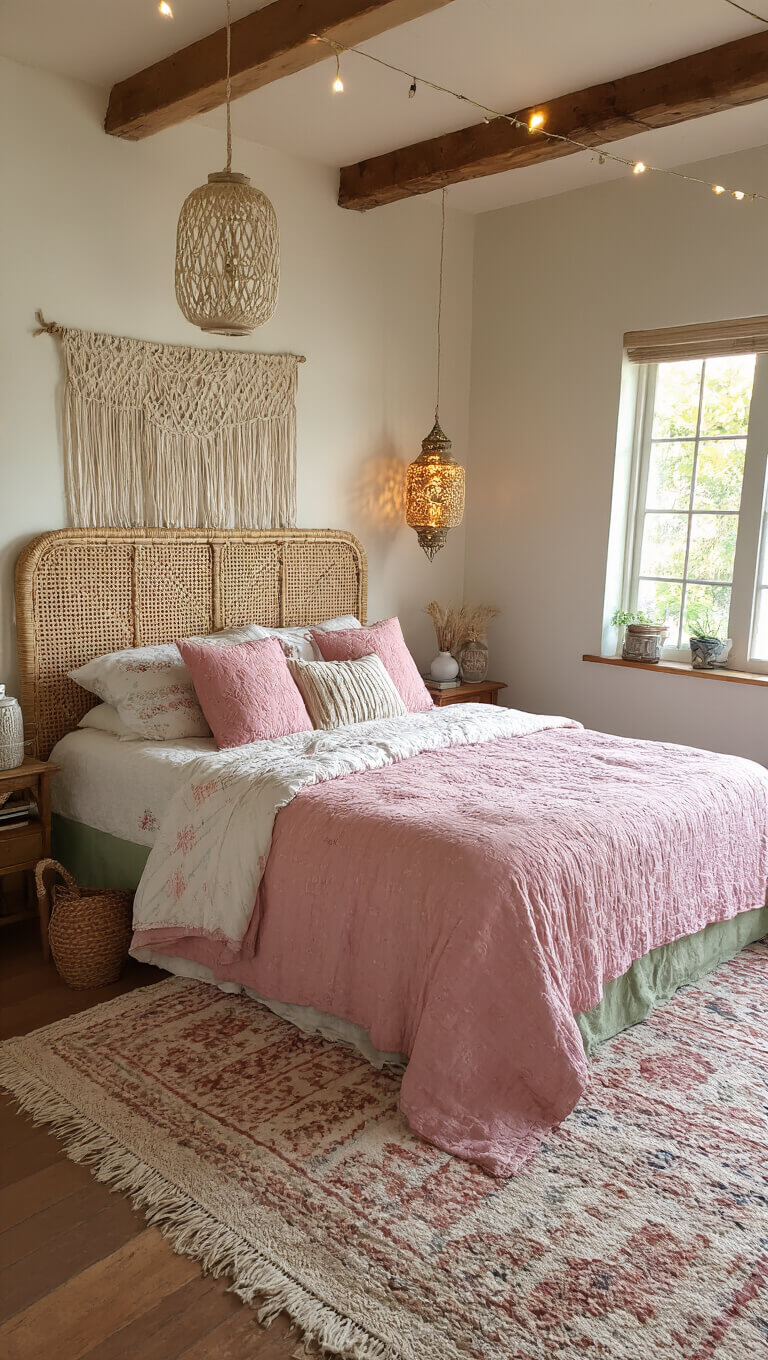Cozy bohemian bedroom with sage green rattan headboard, vintage pink quilts, macramé wall hangings, Moroccan lanterns, and string lights creating a warm, eclectic ambiance.