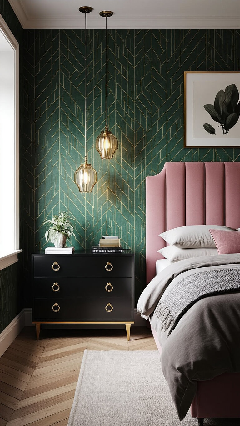 Art Deco-inspired bedroom with pink velvet headboard, dark green geometric wallpaper, brass lighting, and black lacquered furniture in evening light.