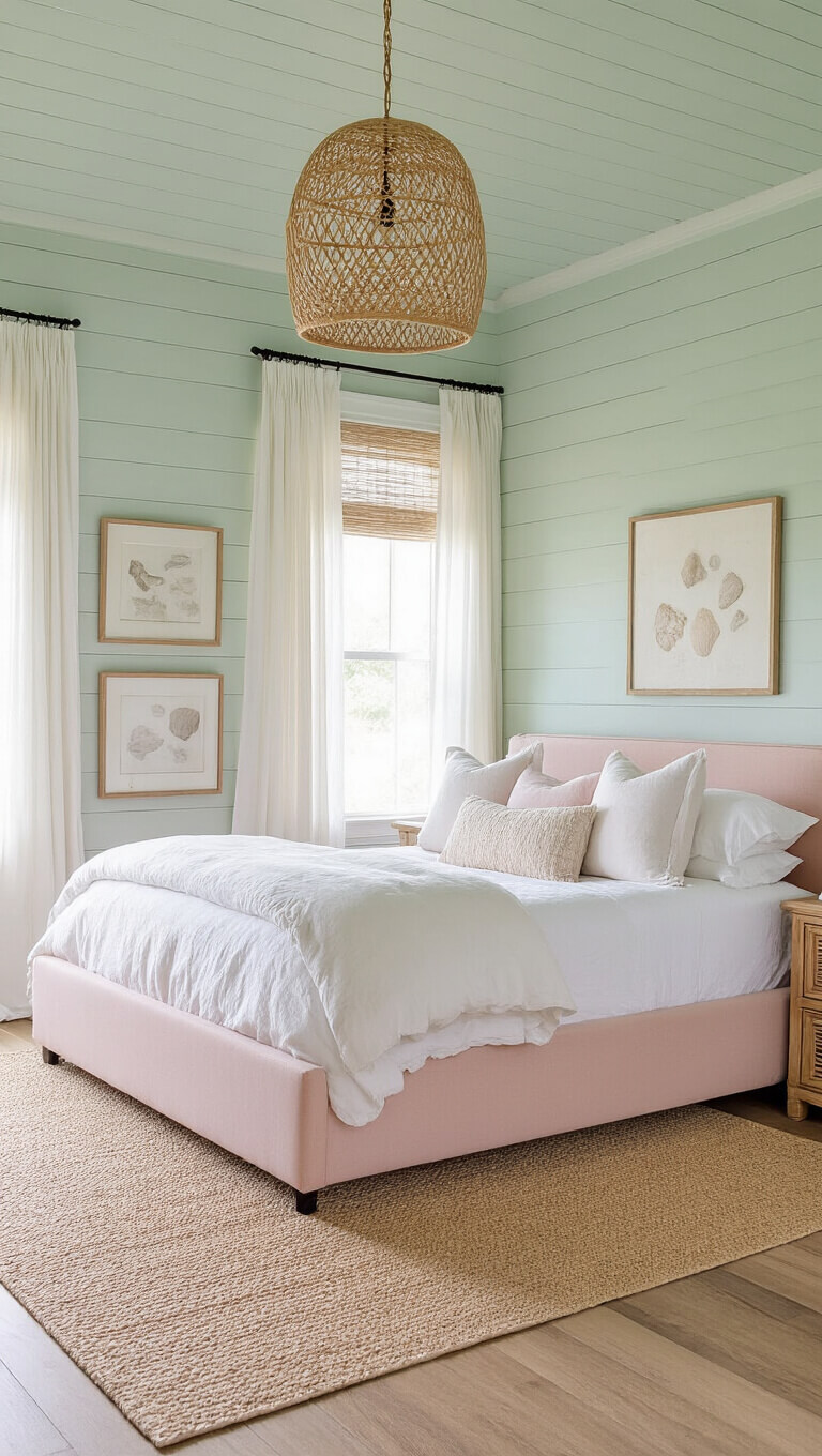 Low-angle view of airy sage green shiplap bedroom with blush pink canopy bed, rattan pendant, seagrass accents, and coastal decor in soft morning light.
