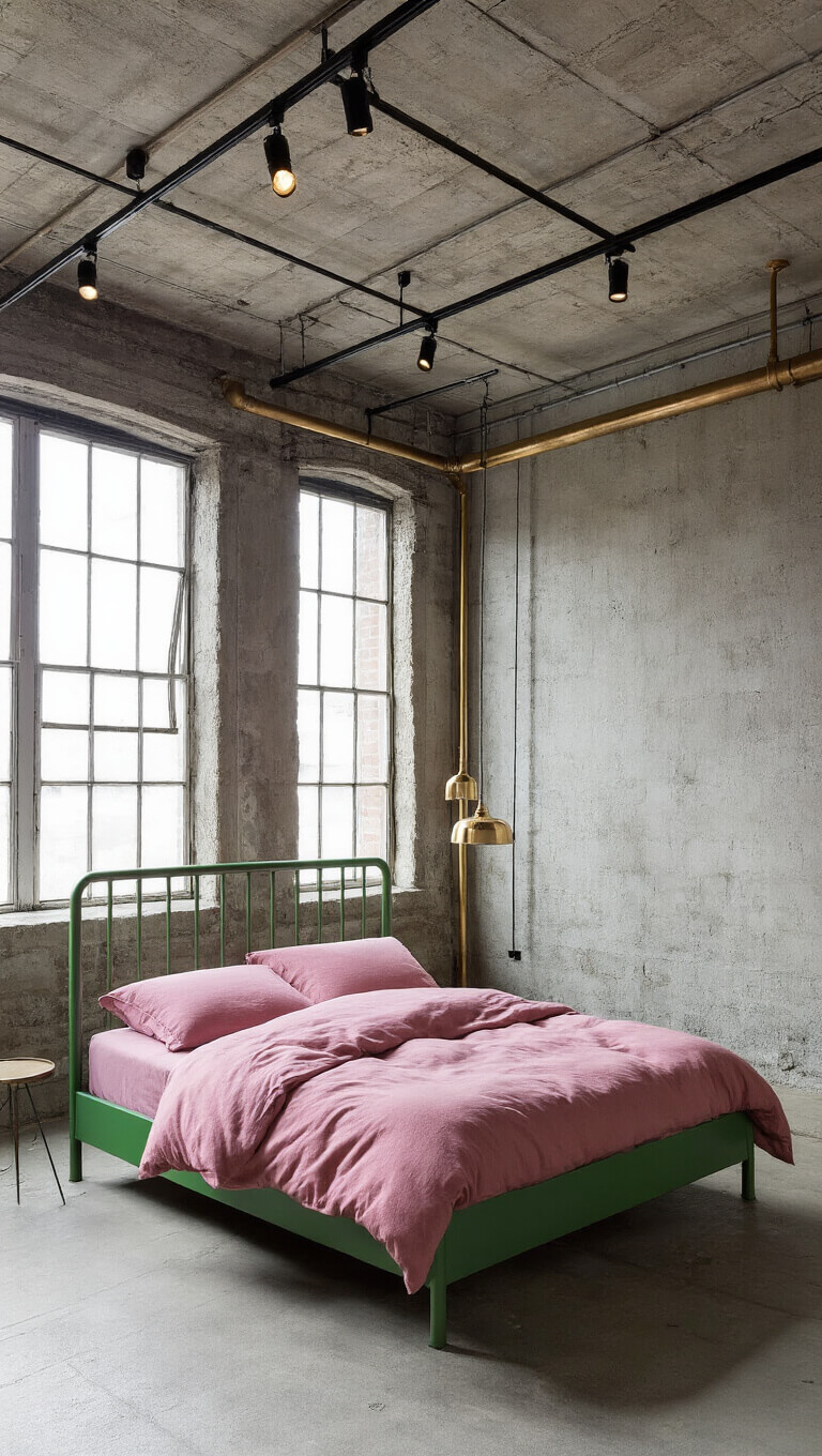 Industrial chic loft bedroom with green metal bed, pink bedding, gold pipes, and concrete accents in afternoon light.