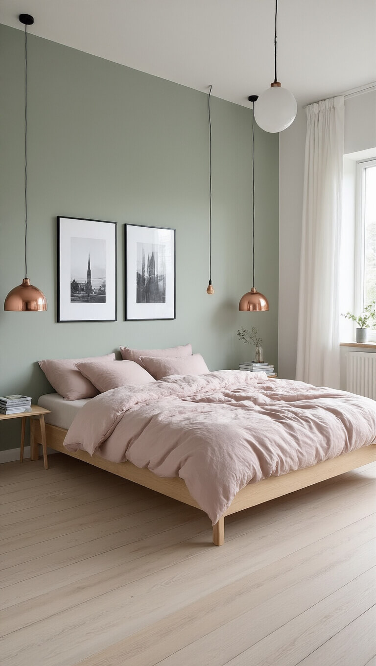 Bird's eye view of serene Scandinavian bedroom with sage green accent wall, blush pink linens, pale wood floors, and minimalist copper pendant lights.