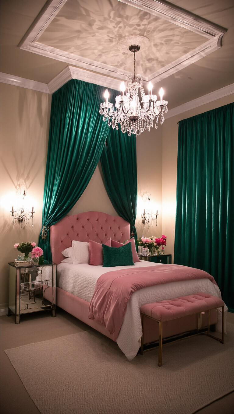 Romantic 14x16ft bedroom with tray ceiling, emerald silk drapes, pink velvet canopy bed, crystal chandelier, vintage sconces, fresh flowers, and mirrored accents.