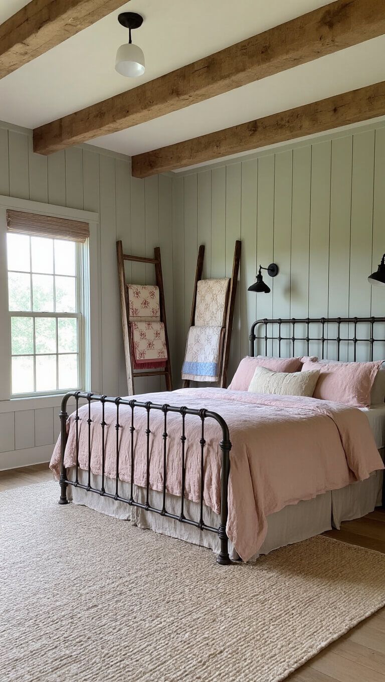 Cozy modern farmhouse bedroom with wooden beam ceiling, sage shiplap accent wall, iron bed with blush linens, vintage quilt ladder, and barn-style sconces in early evening light.