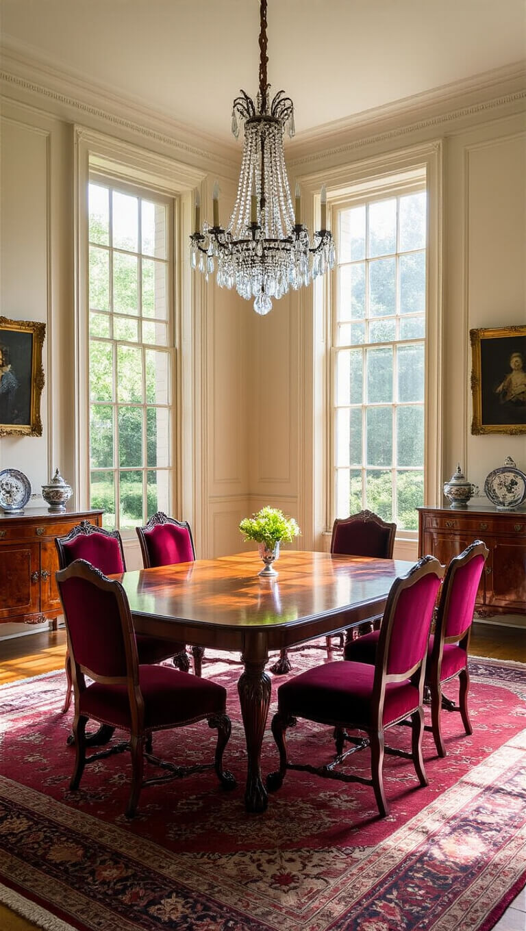 Antique dining room with Chippendale table, burgundy chairs, crystal chandelier, and Persian rug, lit by afternoon sun through tall sash windows.