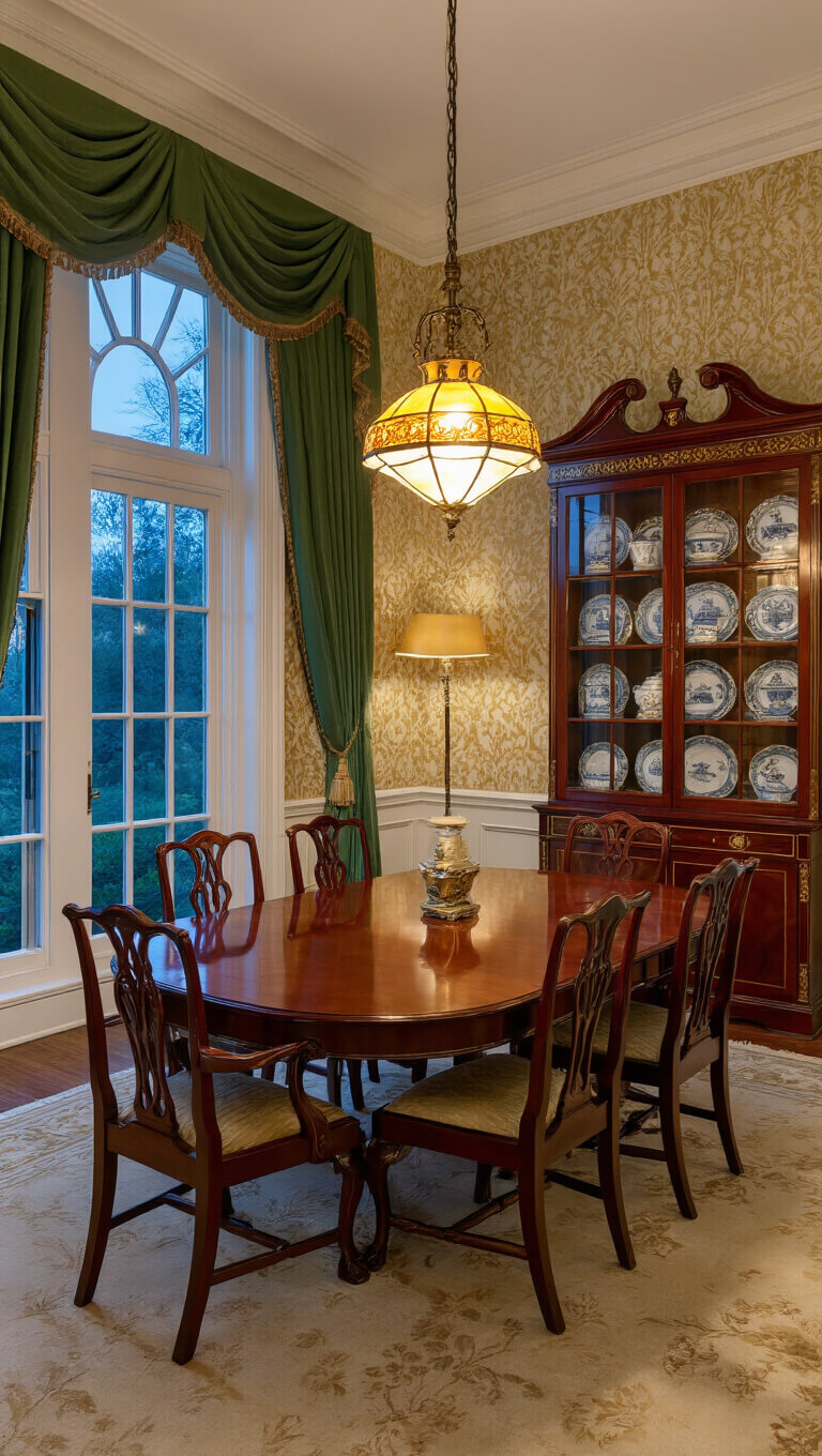 Bird's eye view of an elegant 18x22ft formal dining room at dusk with English Regency mahogany dining set, Tiffany-style pendant lamp, pale gold damask wallpaper, built-in china cabinets, and emerald silk drapes.