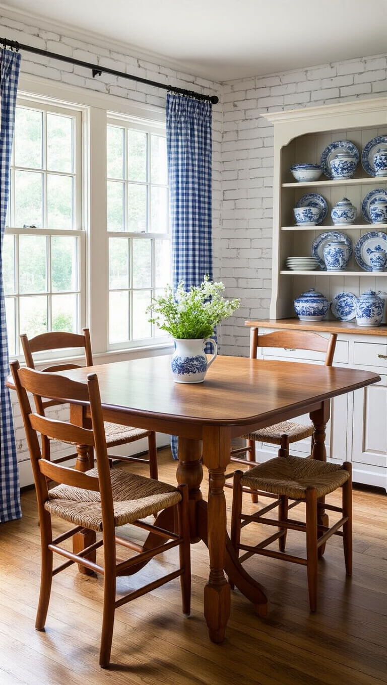 Cozy breakfast room with pine drop-leaf table, rush-seat ladder-back chairs, whitewashed brick walls, and morning sunlight filtering through gingham curtains.