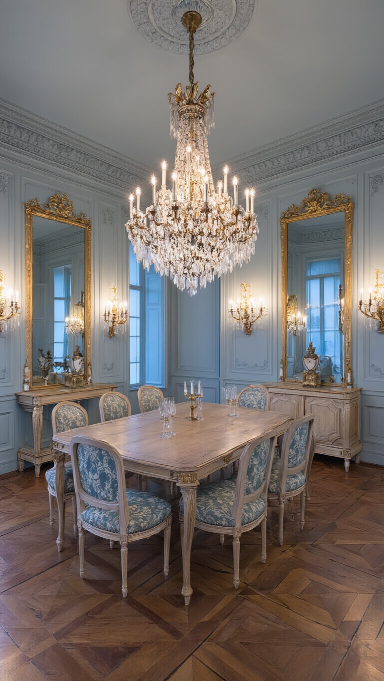 Elegant twilight-lit dining hall with Louis XVI bleached oak suite, crystal chandelier, parquet flooring, and pale blue lacquered walls adorned with sconces and mirrors.