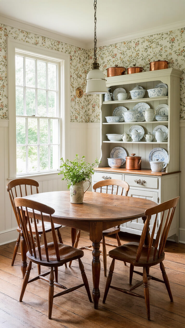 Cozy cottage dining room with oak gate-leg table, Windsor chairs, Welsh dresser displaying ironstone, and soft light filtering through mullioned windows.