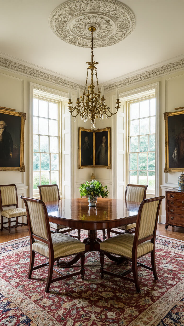 Georgian dining room with Hepplewhite furniture, ivory paneled walls, brass chandelier, and jewel-toned Axminster carpet.