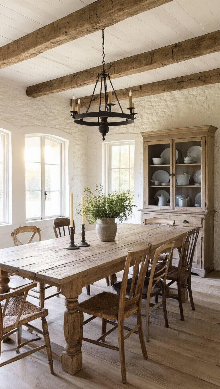 Rustic farmhouse dining room with harvest table, antique chairs, exposed beam ceiling, and warm sunset lighting.