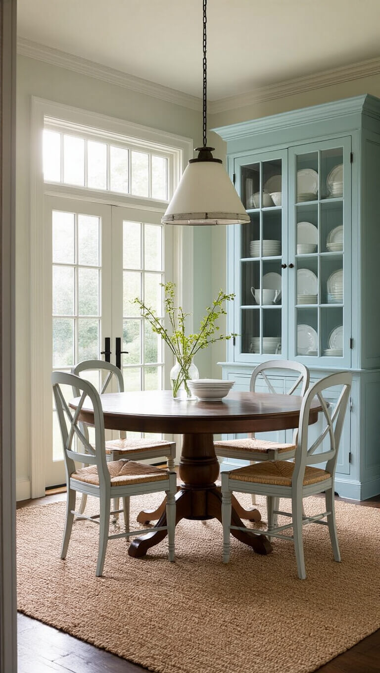 Breakfast room at dawn with Sheraton table, Gustavian chairs, robin's egg blue china cabinet, and morning light streaming through French doors.