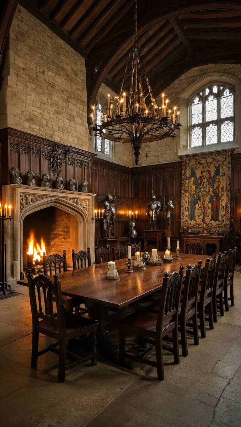 Medieval great hall at night with large oak dining table, Gothic chairs, blazing stone fireplace, tapestries, armor, and wrought iron chandelier casting dramatic shadows.