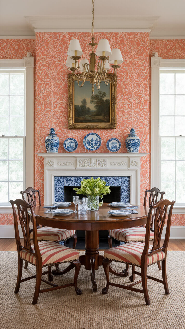 Intimate 15x17ft dining room with Queen Anne walnut dining set, Delft tile fireplace, Chinese porcelain on shelves, and pale coral silk damask walls in bright midday light.