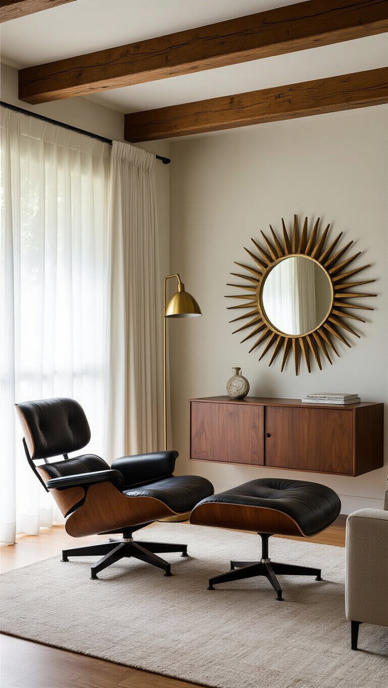 Corner view of a compact mid-century living space with exposed wooden beams, built-in shelving, Eames lounge chair, brass lamp, and walnut credenza beneath a starburst mirror.