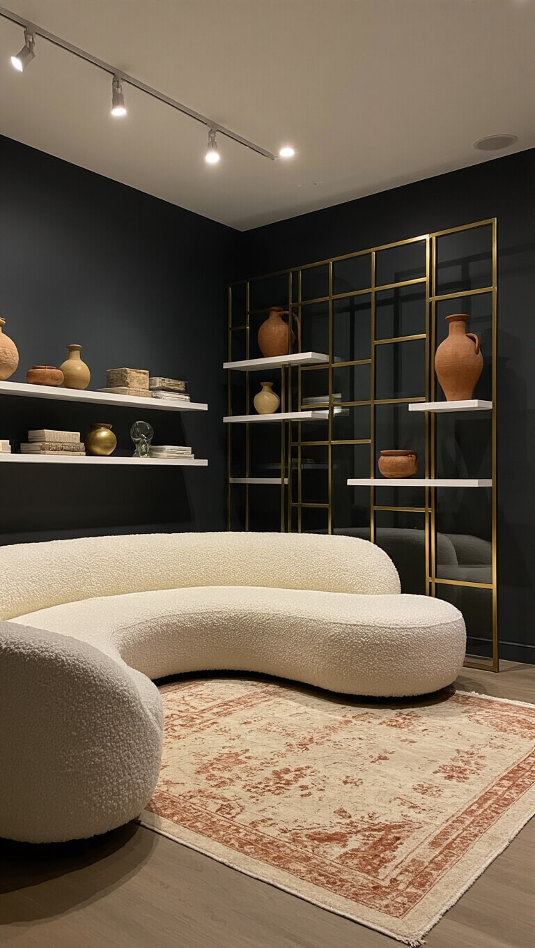 Wide-angle view of a moody, modern living room with curved ivory sofa, brass and glass room divider, vintage rugs, and sculptural ceramics on floating shelves.