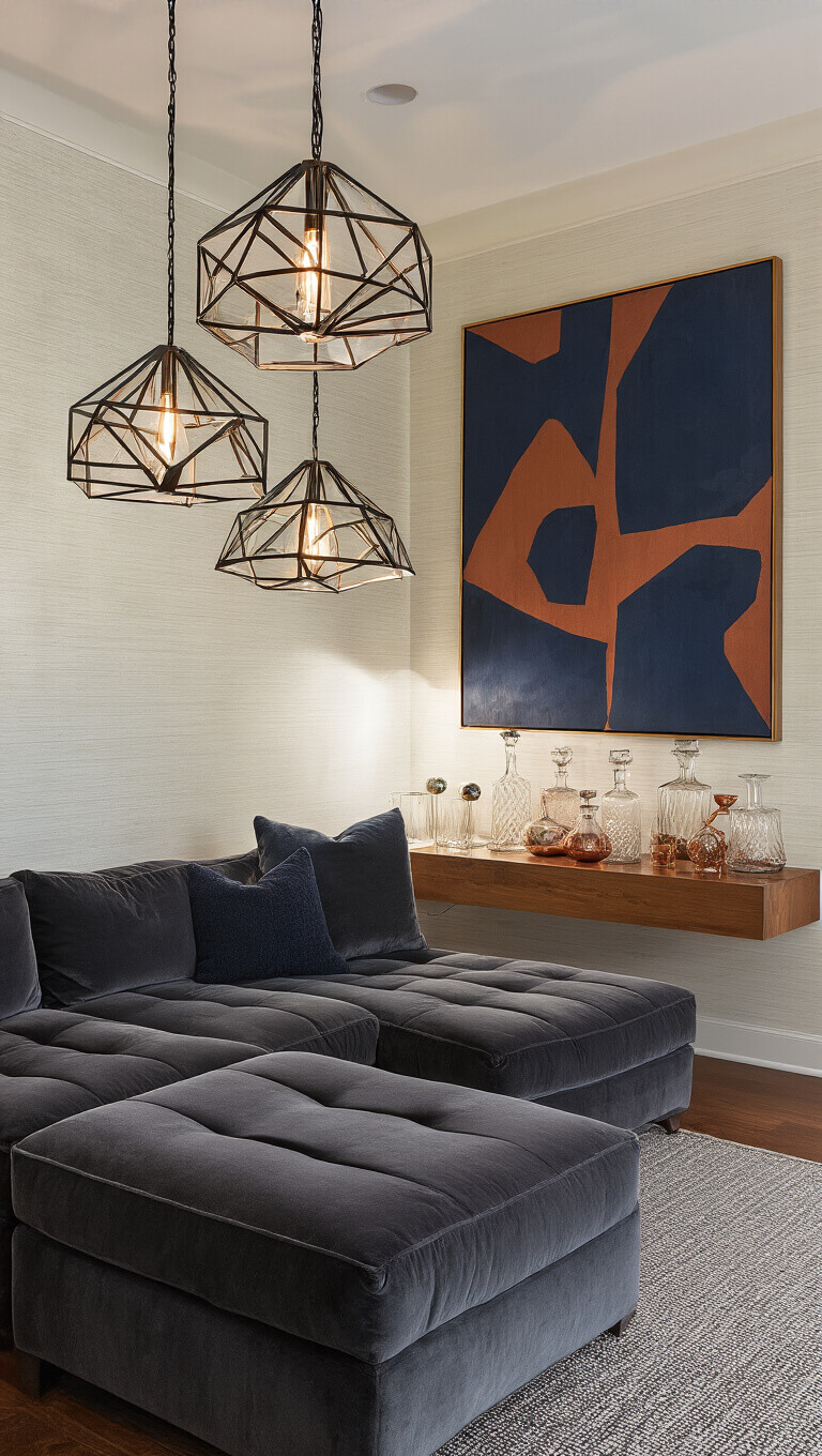 Cozy 14x16ft den with dramatic pendant lighting, charcoal velvet Togo-style sectional, floating teak console with mid-century glass decanters, large abstract navy and copper canvas, and textured grasscloth wallpaper.