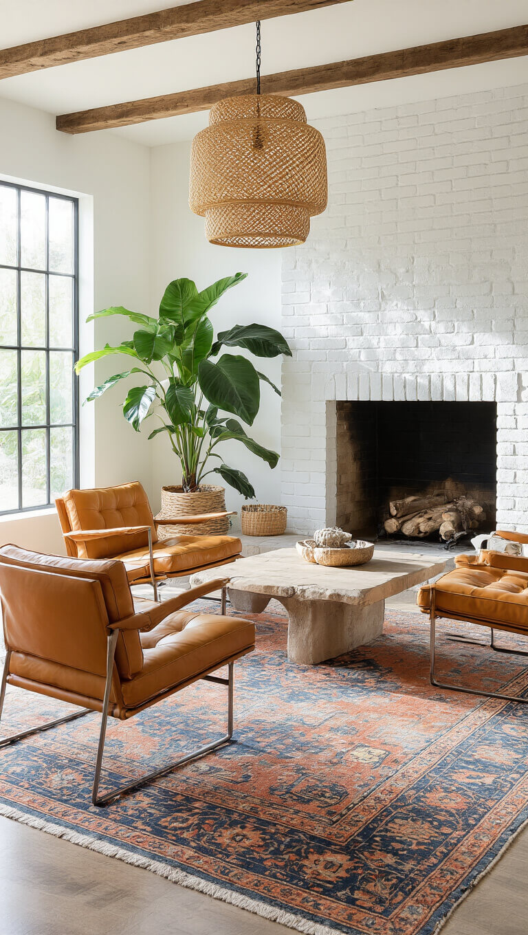Bright living room with stone fireplace, butterscotch leather Barcelona chairs, large philodendron against white brick wall, woven pendant light, and vintage Persian rug in muted blues and terracotta.