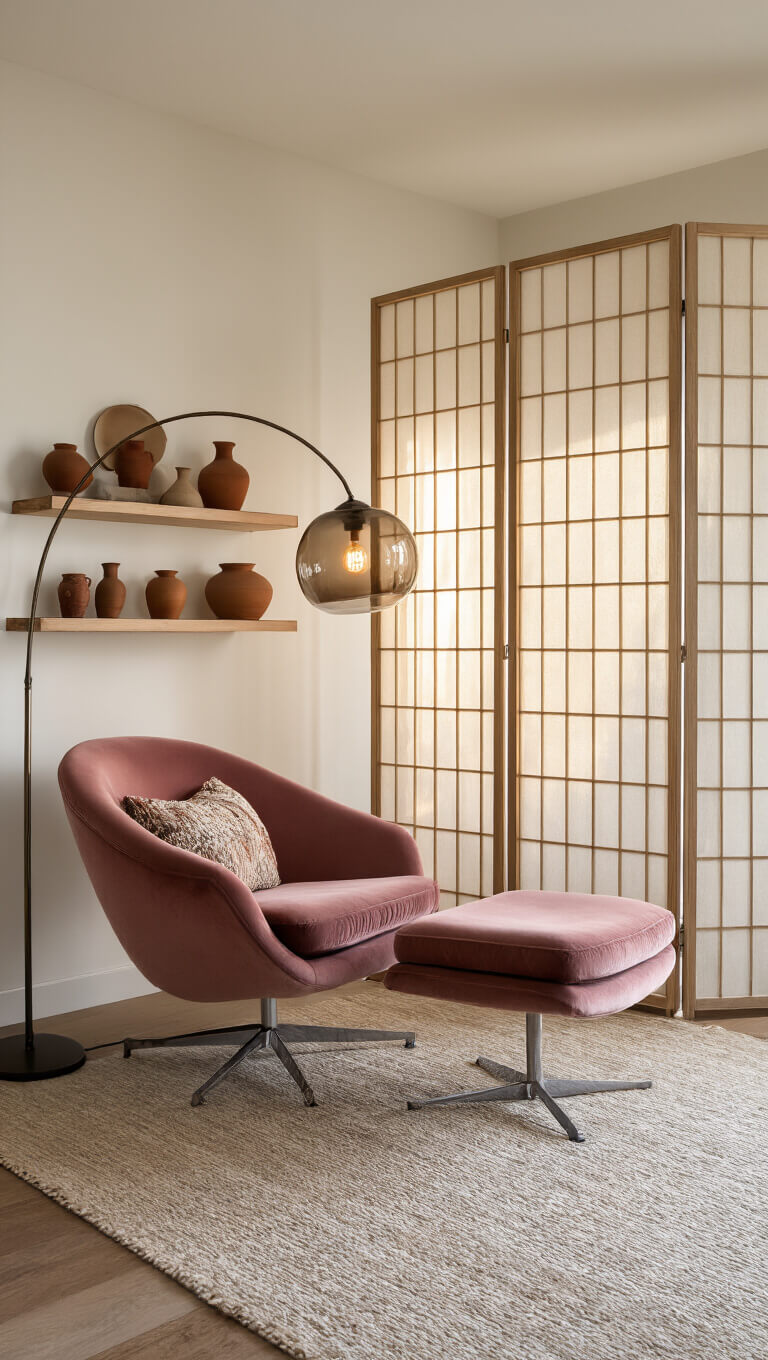 Golden hour photo of a 12x24ft open-concept living area with dusty rose velvet womb chair, smoky glass floor lamp, earth-toned pottery on floating shelves, and geometric room divider filtering warm light.