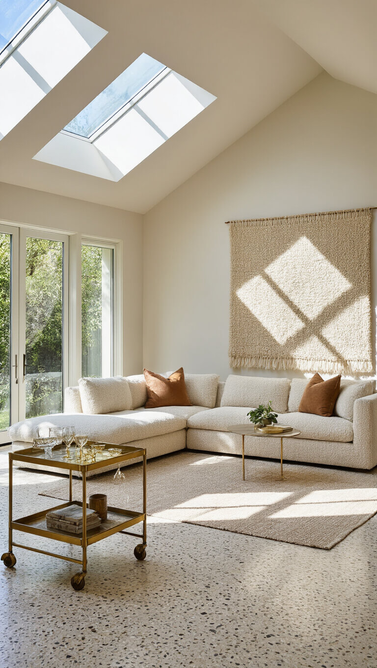 Modern 20x20ft living room with skylight casting bold shadows on terrazzo floor, featuring oatmeal bouclé sectional, brass bar cart with vintage glassware, and large textile wall hanging.