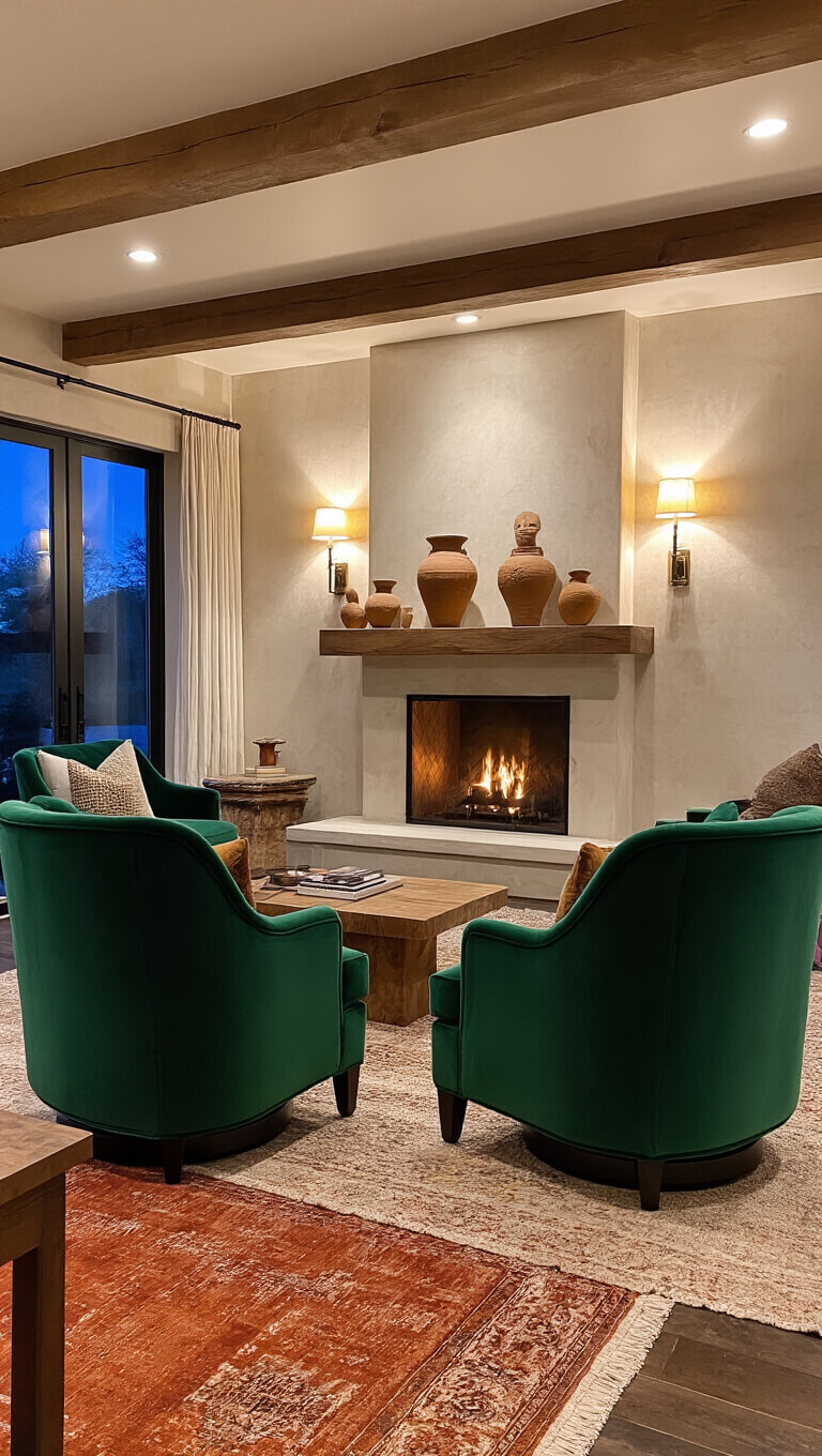 Cozy twilight sitting room with emerald velvet swivel chairs, stone fireplace, warm sconce lighting, and layered vintage rugs.
