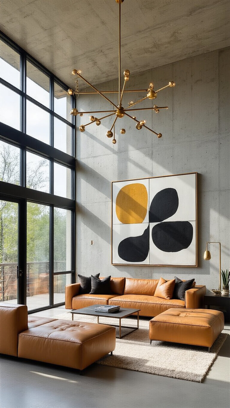 Modern great room with concrete walls, camel leather platform sofa, abstract artwork, brass mobile chandelier, and steel-framed windows letting in morning light.