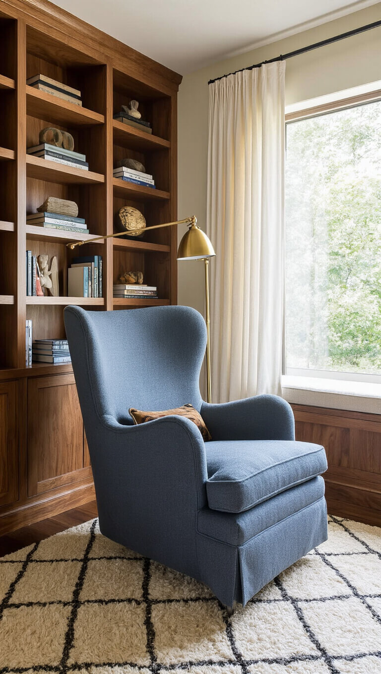 Cozy corner reading nook with slate blue egg chair, brass lamp, walnut shelves, and geometric rug in warm afternoon light.