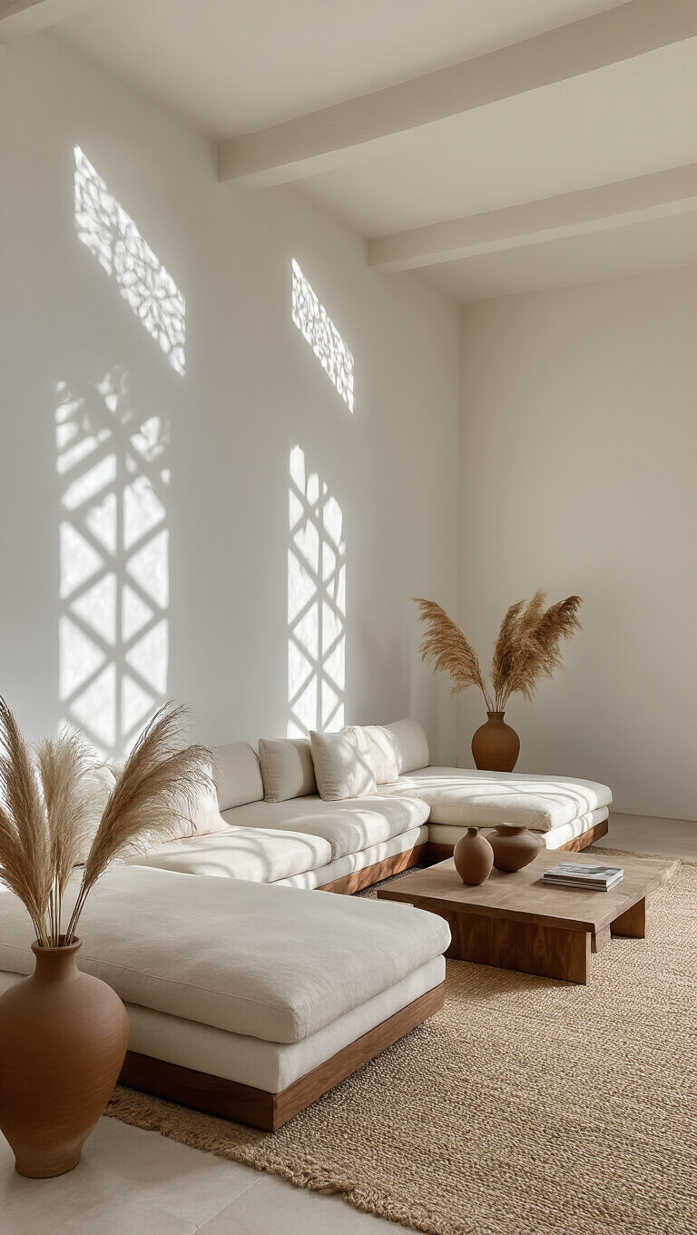 Minimalist 20x22ft living room with clerestory window light, cream linen sectional, sisal and Moroccan rugs, and ceramic vases with pampas grass.